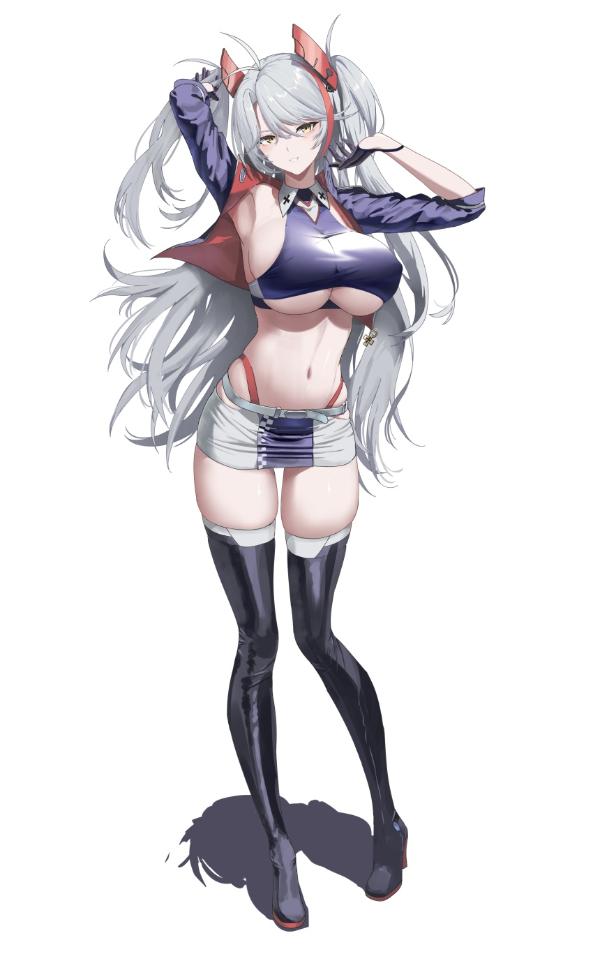 1girl absurdres arm_behind_head armpits arms_up azur_lane black_jacket breasts clothing_cutout commentary cropped_jacket full_body gloves grey_hair half_gloves highleg highres jacket large_breasts lom_(lom_lom_8) long_hair looking_at_viewer miniskirt multicolored_hair navel official_alternate_costume panty_straps prinz_eugen_(azur_lane) prinz_eugen_(final_lap)_(azur_lane) race_queen red_hair red_streaks simple_background skirt smile solo standing stomach streaked_hair thigh_strap thighs two-tone_skirt underboob underboob_cutout white_background white_skirt yellow_eyes