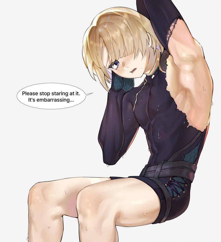 1boy absurdres arm_up armpits bana_gameg bare_legs black_bodysuit black_shorts blonde_hair blue_eyes bodysuit freckles freminet_(genshin_impact) genshin_impact hair_over_one_eye highres long_sleeves male_focus open_mouth short_hair shorts solo torn_bodysuit torn_clothes