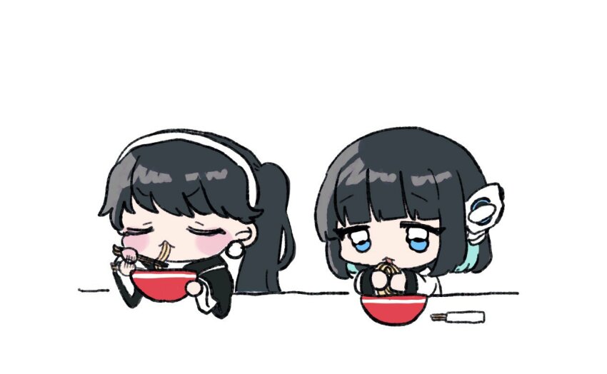 2girls android black_hair black_jacket blue_eyes blush blush_stickers bowl chibi chopsticks creator_connection eating food holding holding_bowl humagear_headphones is_(kamen_rider_01) jacket kamen_rider kamen_rider_01_(series) kamen_rider_geats_(series) multicolored_jacket multiple_girls noodles ramen simple_background tanikomotimoti tsumuri_(kamen_rider_geats) two-tone_jacket white_background white_jacket