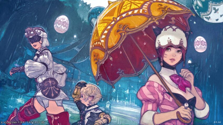 1boy 2girls blindfold blonde_hair boots bow bowtie company_name copyright_name easter_egg egg facial_mark final_fantasy final_fantasy_xiv floating floating_object hat highres holding holding_umbrella hyur jacket jihli_aliapoh lalafell miqo&#039;te multiple_girls nagamine_hiroyuki official_art open_mouth outdoors papalymo_totolymo parted_lips rain red_boots red_bow red_bowtie short_hair signature thigh_boots umbrella white_hat white_jacket yda_hext