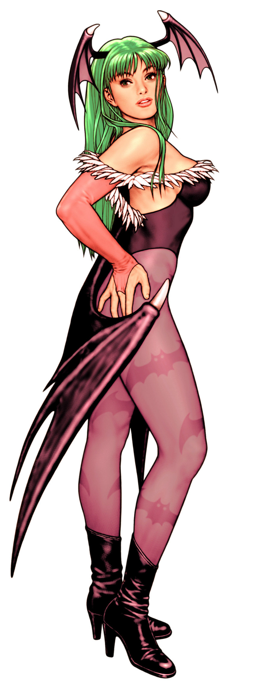 1girl absurdres adjusting_hair animal_print aqua_hair armpits arms_up bare_shoulders bat_print bat_wings breasts bridal_gauntlets capcom capcom_vs_snk_2 cleavage darkstalkers demon_girl facing_to_the_side fur-trimmed_leotard fur_trim game_cg green_eyes green_hair hand_on_own_ass head_wings heart highleg highleg_leotard highres large_breasts leotard lips long_hair looking_back mori_toshiaki morrigan_aensland non-web_source off-shoulder_leotard official_art pantyhose parted_lips print_pantyhose purple_pantyhose purple_wings simple_background solo standing teeth upper_teeth_only wings