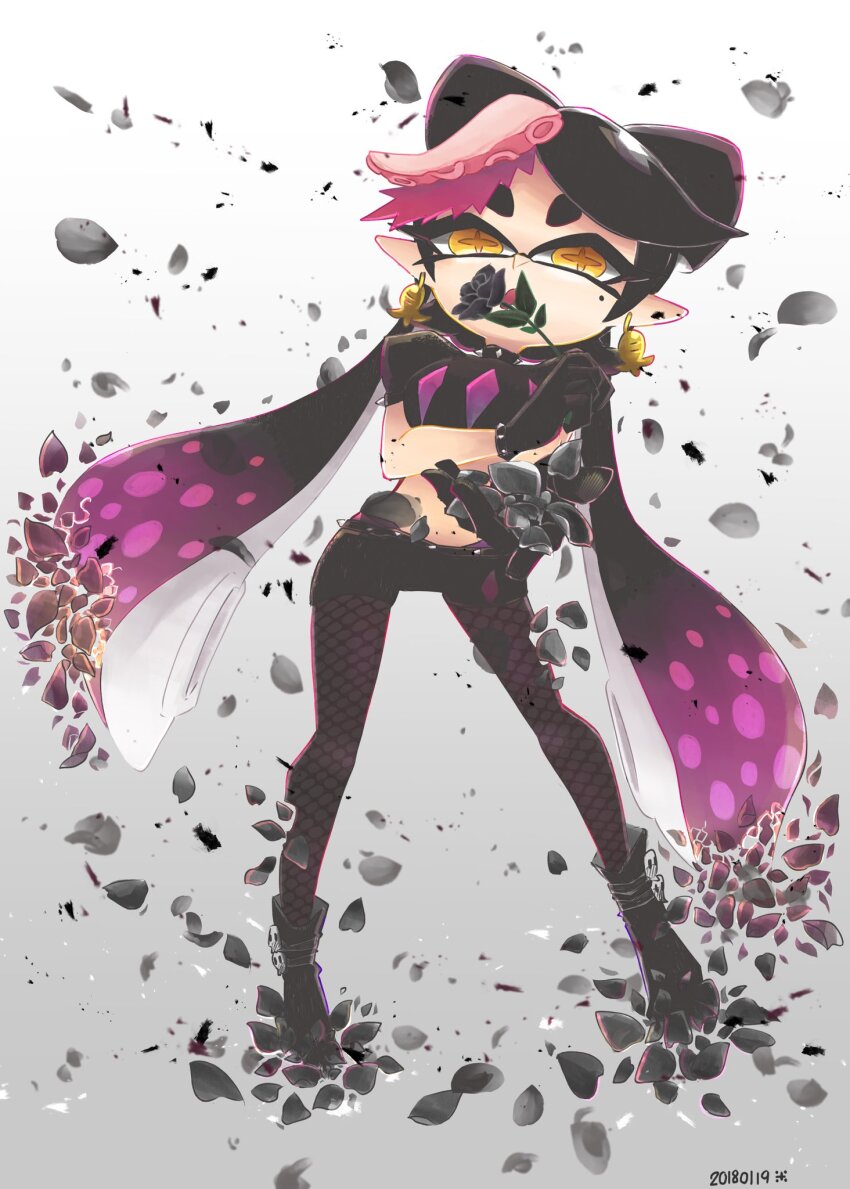 1girl black_flower black_gloves black_hair black_petals black_rose black_shirt black_shoes black_shorts bow bow-shaped_hair callie_(octo_idol_outfit)_(splatoon) callie_(splatoon) collar colored_skin cowlick crop_top dated earrings eye_mask eyelashes falling_petals flower full_body gloves gold_earrings highres holding holding_flower jewelry leather leather_gloves long_hair looking_at_viewer midriff mole mole_under_eye multicolored_hair nintendo octopus_hair_ornament octopus_sausage_earrings okome_2g2g open_mouth outstretched_hand panties pantyhose petals pink_leaf pink_panties pink_shiso_leaf pointy_ears rose rose_petals shirt shoes short_shorts shorts simple_background solo spiked_collar spiked_waistband spikes splatoon_(series) splatoon_2 spotted_hair standing suction_cups symbol-shaped_pupils tentacle_hair twintails underwear very_long_hair white_background white_skin yellow_eyes