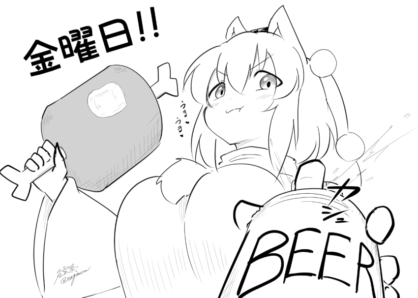 1girl alcohol animal_ears beer bite_mark blush boned_meat breasts chewing commentary_request eating food from_below greyscale hand_up holding holding_food inubashiri_momiji large_breasts looking_at_viewer looking_down meat monochrome pom_pom_(clothes) signature simple_background sketch solo sound_effects taurine_8000mg touhou translated upper_body wolf_ears wolf_girl