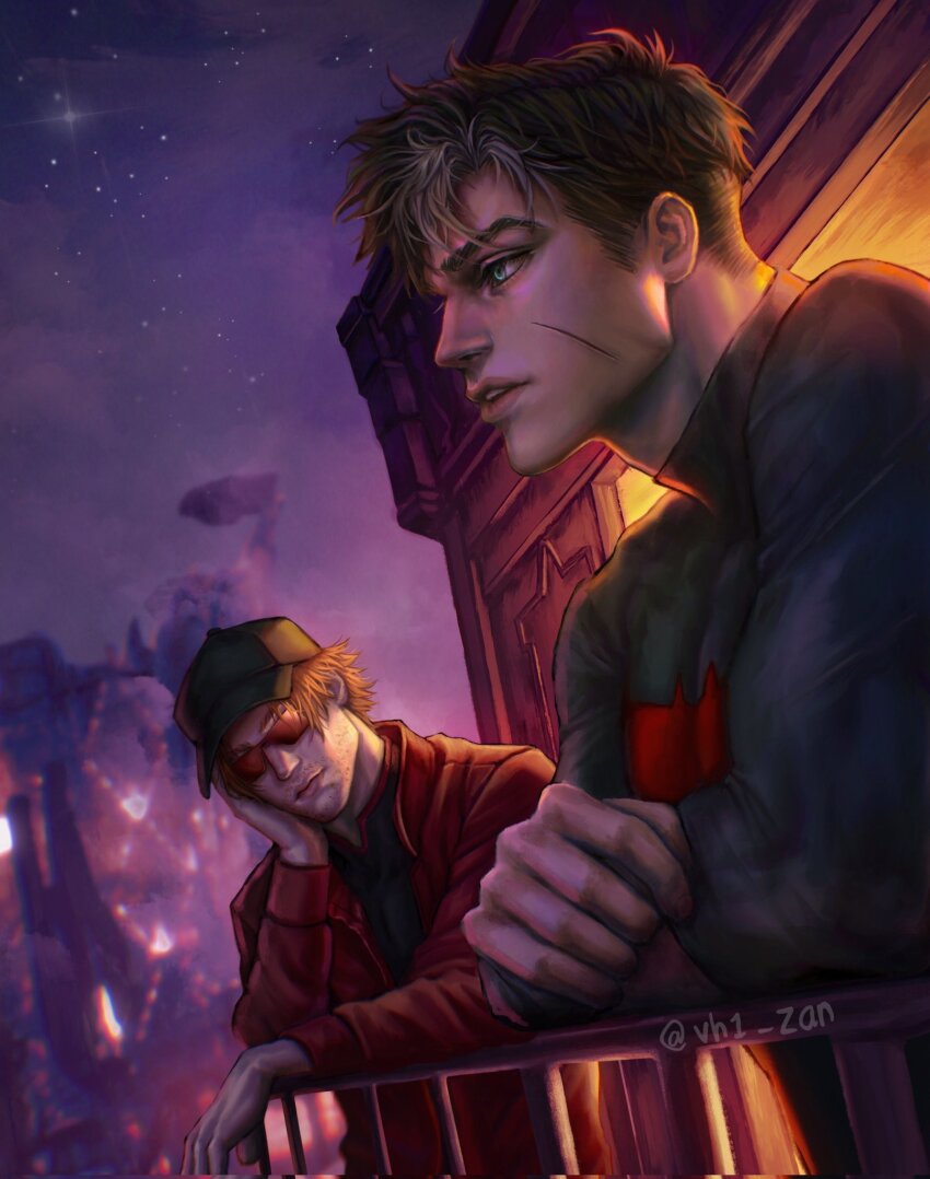 arsenal_(dc) baseball_cap bat_signal batman_(series) batman_symbol black_bodysuit black_hair blue_eyes bodysuit dc_comics glasses grey_bodysuit hat highres jacket jason_todd male_focus multicolored_hair muscular muscular_male red_hood_(dc) red_hood_and_the_outlaws roy_harper shirt short_hair superhero_costume taut_bodysuit two-tone_bodysuit two-tone_hair vh1_zan western_comics_(style) white_hair