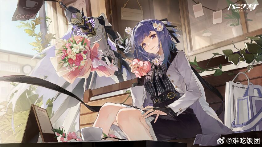 1girl absurdres alisa_(pgr) bag bench black_skirt blue_hair bouquet bridal_gauntlets cafe character_request chinese_commentary copyright_name cup day door flower hair_flower hair_ornament highres jacket nanchi_fantuan outdoors photo_(object) pinstripe_pattern pinstripe_shirt punishing:_gray_raven purple_flower shirt sitting skirt teacup white_jacket window