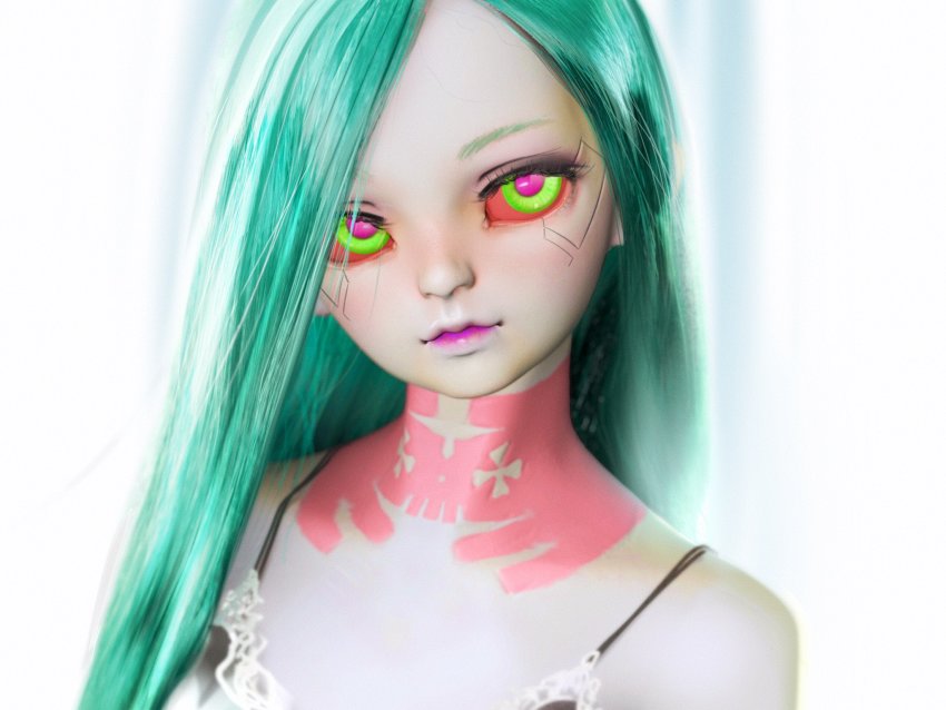 1girl 3d alternate_hairstyle alternate_skin_color bare_shoulders bra closed_mouth colored_sclera commentary cyberpunk_(series) cyberpunk_edgerunners english_commentary eyelashes green_eyes green_hair hair_over_one_eye head_tilt highres lace lace-trimmed_bra lace_trim long_hair looking_at_viewer neck_tattoo pink_pupils portrait purple_lips realistic rebecca_(cyberpunk) red_sclera solo spaghetti_strap straight_hair sweetonedollar tattoo underwear upper_body white_background zbrush_(medium)