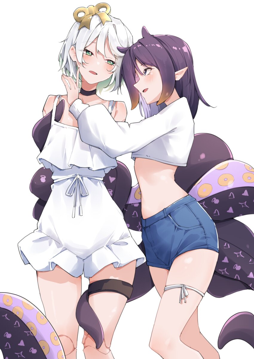 2girls absurdres airenif arms_behind_back blue_eyes blue_shorts blunt_bangs blush breasts cecilia_immergreen colored_inner_hair cropped_shirt denim denim_shorts doll_joints frilled_one-piece_swimsuit frills gradient_hair green_eyes green_hair green_streaks grey_hair hand_on_another&#039;s_shoulder highres holding hololive hololive_english joints long_hair long_sleeves midriff multicolored_hair multiple_girls navel ninomae_ina&#039;nis one-piece_swimsuit open_mouth orange_hair pointy_ears purple_hair restrained shirt short_hair short_shorts shorts sidelocks simple_background small_breasts smile straight_hair streaked_hair swimsuit tentacle_grab tentacle_hair tentacles tentacles_under_clothes thigh_strap two-tone_hair virtual_youtuber white_background white_shirt winding_key