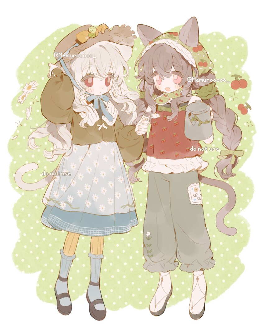 2girls animal_ears bow braid brown_hair cat_tail dress flower food food_print fruit hat highres holding long_hair long_sleeves mary_janes memuro multiple_girls original pants pink_eyes puffy_sleeves red_eyes ribbon shoes socks straw_hat tail twin_braids twitter_username watering_can white_hair