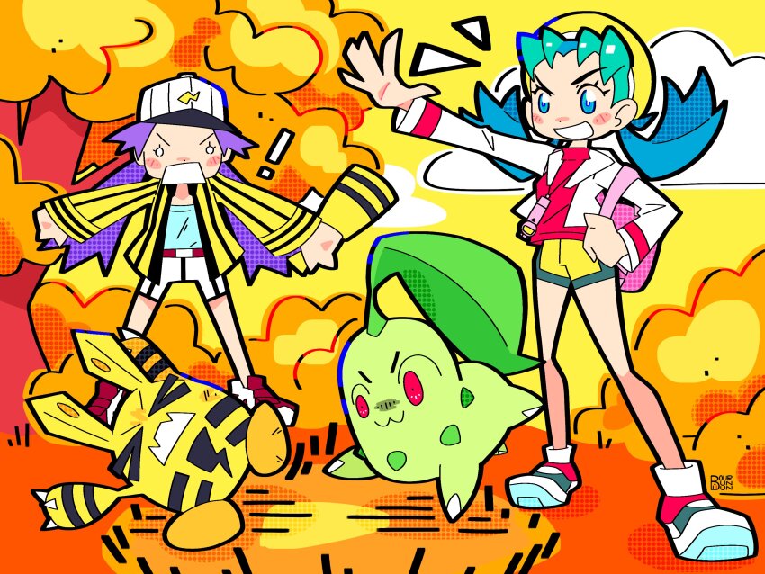 ! &gt;_&lt; 2girls :3 autumn baseball_cap bike_shorts blue_eyes blue_hair blue_shirt bourbunbun casey_(pokemon) chikorita elekid full_body gen_2_pokemon hat highres jacket kris_(pokemon) leaf long_hair multiple_girls nintendo open_mouth outdoors pink_bag pokemon pokemon_(anime) pokemon_(classic_anime) pokemon_(creature) pokemon_gsc purple_hair red_eyes red_footwear red_shirt shirt shorts smile standing striped_clothes twintails white_hat white_jacket white_shorts yellow_hat yellow_jacket yellow_shorts