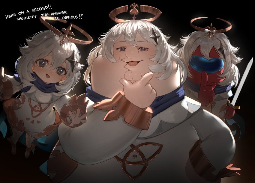 1boy 1girl 1other among_us black_eyes blue_scarf brown_halo cleft_chin commentary cosplay crewmate_(among_us) english_commentary family_guy finger_to_mouth genshin_impact halo highres holding holding_sword holding_weapon kowai_(iamkowai) long_sleeves open_mouth paimon_(genshin_impact) paimon_(genshin_impact)_(cosplay) peter_griffin romper scarf short_hair shushing sword weapon white_hair white_romper