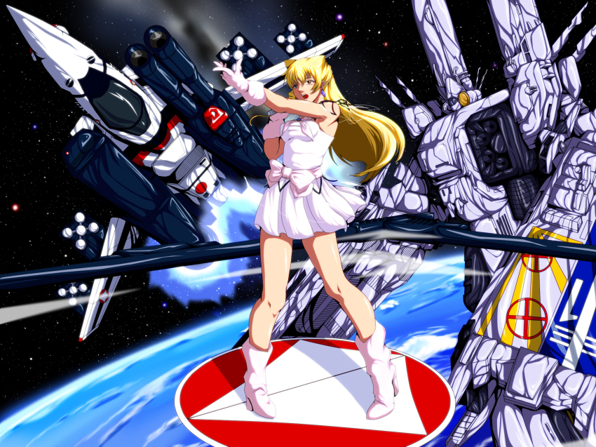 1girl antennae aoi_yuu aoi_yuu_(komeda_yuu) armd blonde_hair boots cannon chibitora_(niconico) cosplay dress earrings earth_(planet) energy_cannon gloves highres jewelry lynn_minmay lynn_minmay_(cosplay) macross macross:_do_you_remember_love? macross_frontier mecha microphone music planet robot rocket_launcher science_fiction sdf-1 sheryl_nome singing space spacecraft star_(sky) u.n._spacy vf-1 vf-1_strike weapon