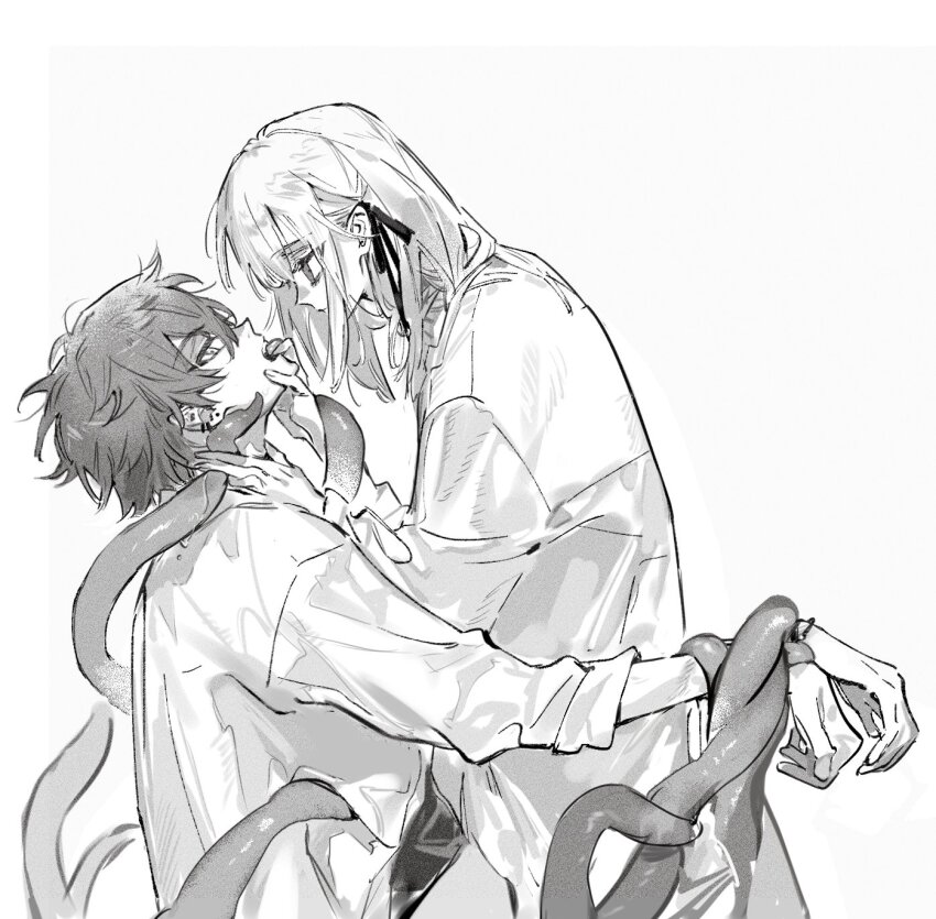 1boy 1girl earrings from_side greyscale hair_ribbon highres jewelry long_sleeves looking_at_another monochrome original qyzhiaiyisheng ribbon shirt short_hair sketch tentacles white_background white_hair