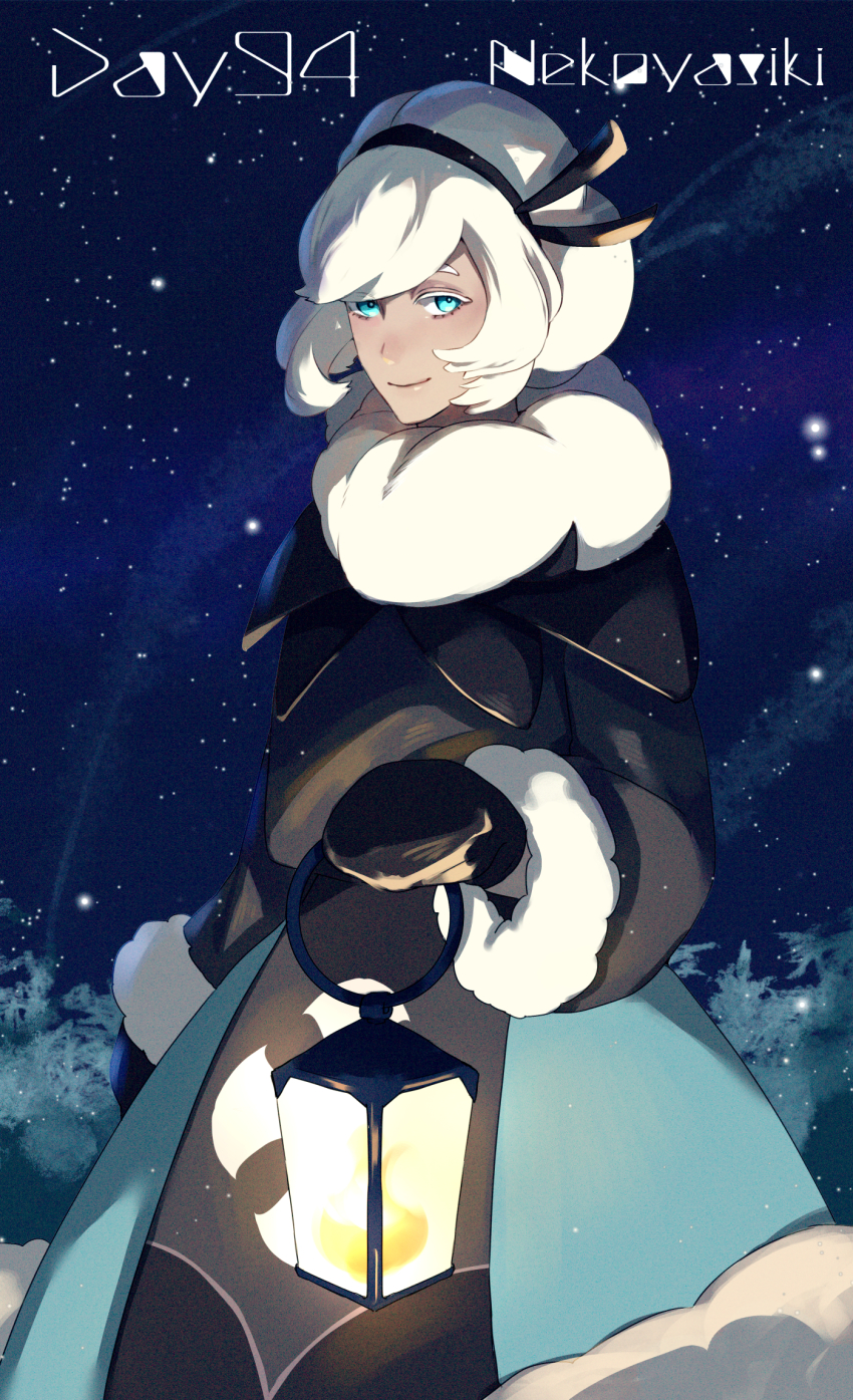 1girl bell cookie_run cookie_run:_kingdom cotton_cookie dress fur_trim highres holding holding_lantern holding_staff humanization lantern light_smile nekoyasiki33 smile snow snowing solo staff standing white_hair