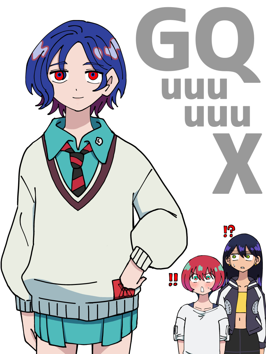 ! !! !? 1boy 2girls absurdres amate_yuzuriha amate_yuzuriha_(cosplay) aqua_eyes blue_hair blush collared_shirt colored_inner_hair cosplay costume_switch crop_top crossdressing gundam gundam_gquuuuuux hand_on_own_hip highres jacket long_hair long_sleeves looking_at_viewer multicolored_hair multiple_girls necktie nyaan_(gundam_gquuuuuux) ogata_(mm_ogata_rkgk) open_mouth purple_hair red_eyes red_hair school_uniform shirt short_hair shuji_ito shuji_ito_(cosplay) simple_background skirt sweatdrop sweater two-tone_hair white_background wide-eyed yellow_eyes