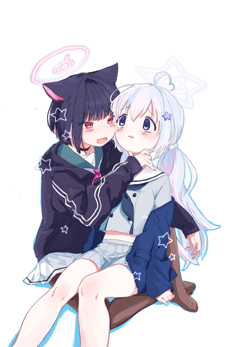2girls :d absurdres ahoge animal_ears black_choker black_hair black_hoodie blue_archive blue_hair blue_jacket blue_neckerchief blush brown_pantyhose buttons cat_ears cat_girl choker colored_inner_animal_ears commentary_request double-breasted fang feet_out_of_frame full_body furrowed_brow green_sailor_collar grey_serafuku grey_shirt grey_skirt hair_ornament halo hand_on_another&#039;s_chin heart heart_ahoge highres hood hood_down hoodie hug jacket kazusa_(blue_archive) kisaka knees_apart_feet_together long_hair long_sleeves looking_at_another low_twintails midriff miniskirt multicolored_hair multiple_girls neckerchief no_shoes open_mouth pantyhose parted_lips pink_hair pink_halo pleated_skirt purple_eyes red_eyes reisa_(blue_archive) sailor_collar school_uniform serafuku shirt short_hair simple_background sitting sitting_on_lap sitting_on_person skin_fang skirt slit_pupils smile star_(symbol) star_hair_ornament star_halo streaked_hair tareme thighs tsurime twintails two-tone_hair v-shaped_eyebrows very_long_hair white_background white_sailor_collar white_skirt wide-eyed yuri