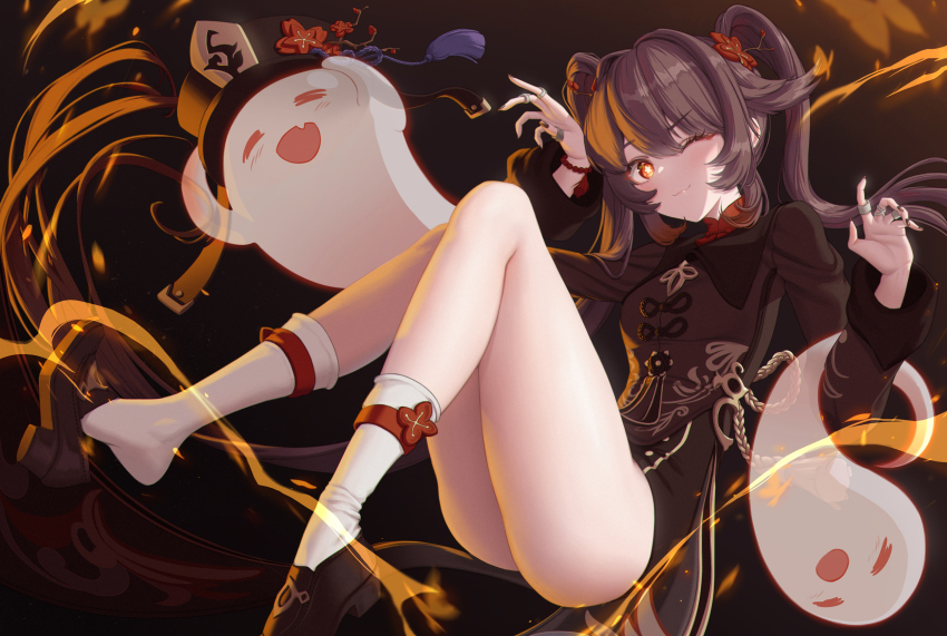 1girl :3 accessories adjusting_clothes adjusting_shoe ass bare_legs bead_bracelet beads black_background black_hat black_nails black_shorts blush boo_tao_(genshin_impact) bracelet breasts brown_background brown_coat brown_hair chinese_clothes closed_mouth coat collared_coat commentary feet fire floating_hair flower flower-shaped_pupils foot_out_of_frame genshin_impact ghost ghost_pose gradient_eyes hair_between_eyes hair_flaps hair_flower hair_intakes hair_ornament hair_ribbon hancho hat hat_flower hat_tassel highres hu_tao_(genshin_impact) jacket jewelry kneehighs legs long_hair long_sleeves looking_at_viewer multicolored_eyes multiple_rings nail_polish no_headwear one_eye_closed orange_eyes plum_blossoms porkpie_hat red_eyes revision ribbon ring shoe_dangle shoes short_shorts shorts sidelocks simple_background sitting skirt small_breasts smile socks solo star_(symbol) symbol-shaped_pupils tailcoat thighs twintails upshorts very_long_hair white_socks wide_sleeves