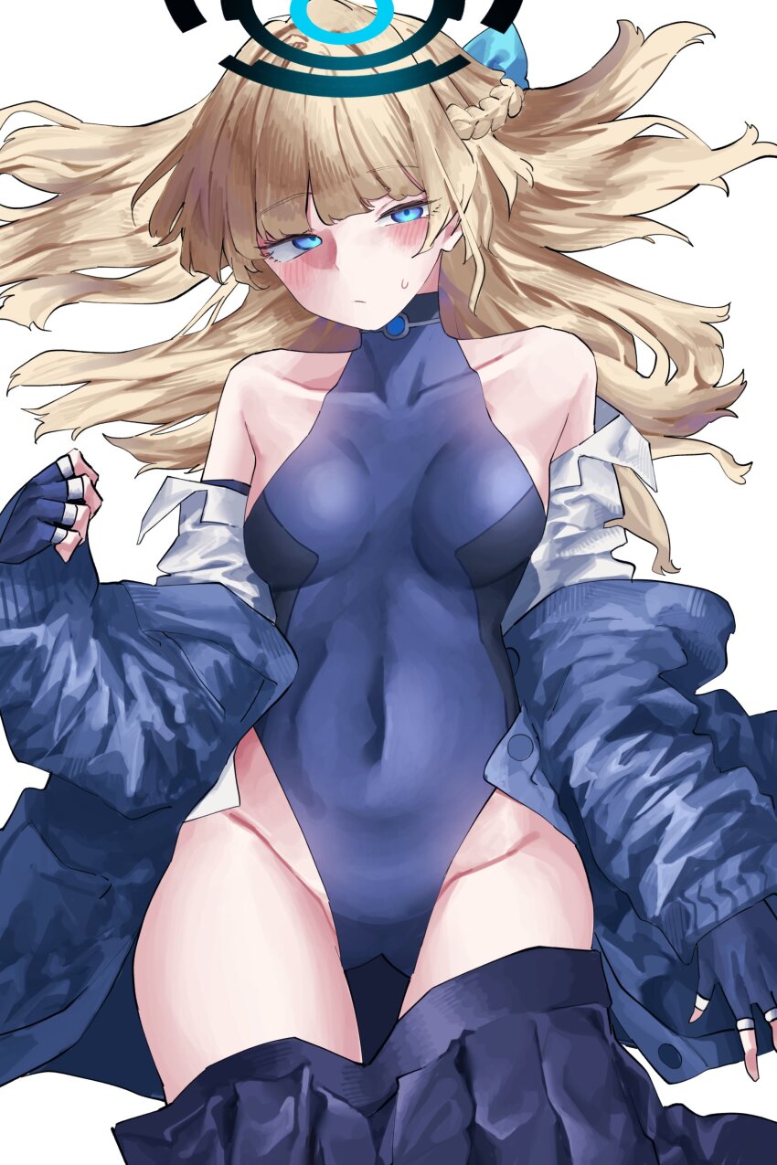 1girl absurdres blonde_hair blue_archive blue_eyes blue_halo blue_leotard blush braid breasts halo highleg highleg_leotard highres leotard long_hair medium_breasts toki_(blue_archive) unworn_clothes vivo_(vivo_sun_0222)