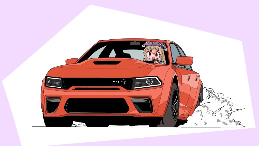 1girl american_flag_dress blonde_hair blush car clownpiece dodge_(company) dodge_challenger dodge_charger dodge_charger_(7th_generation) driving dust_cloud hat highres jester_cap kasuya_baian long_hair motor_vehicle open_mouth polka_dot purple_background red_car red_eyes solo touhou two-tone_background v-shaped_eyebrows white_background