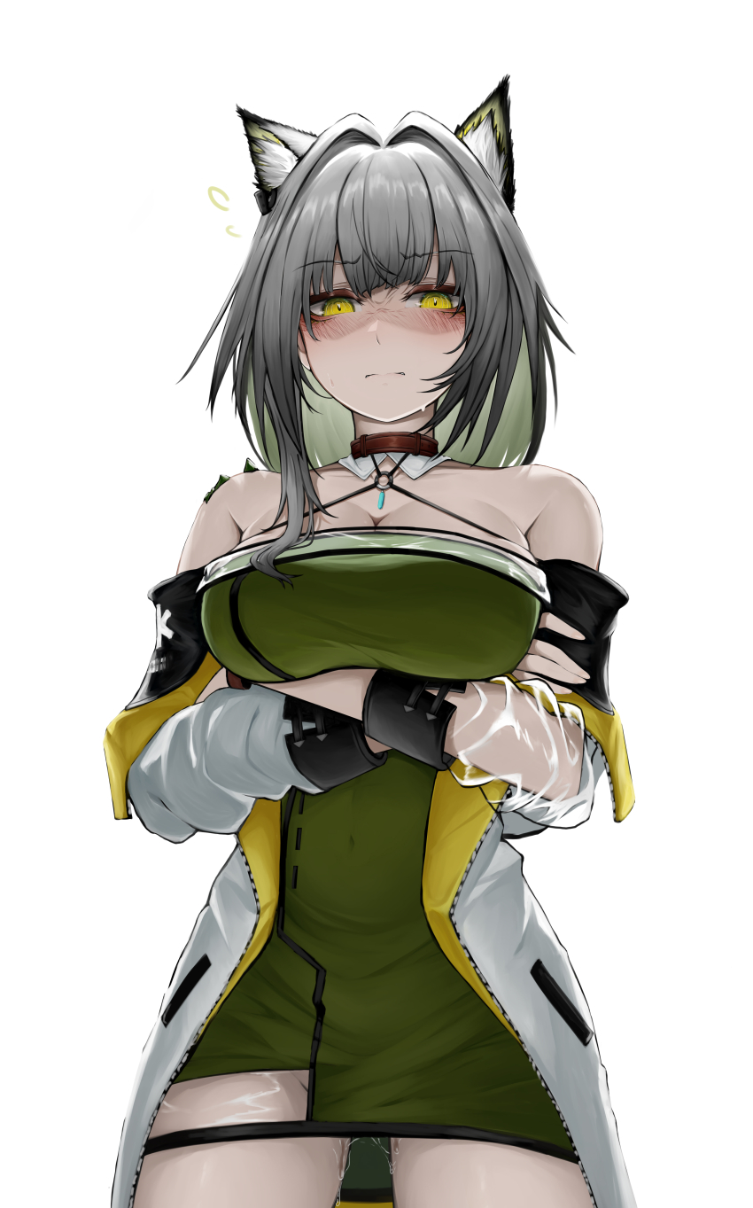 1girl absurdres animal_ear_fluff animal_ears arknights arms_under_breasts asymmetrical_sleeves bare_shoulders blush breasts chinese_commentary cleavage clenched_teeth collarbone colored_inner_hair commentary_request cowboy_shot crossed_arms green_hair grey_hair grimace hair_intakes halterneck highres kal&#039;tsit_(arknights) large_breasts long_sleeves looking_at_viewer material_growth medium_hair mismatched_sleeves multicolored_hair o-ring oripathy_lesion_(arknights) parted_lips partial_commentary pussy_juice see-through_clothes see-through_sleeves simple_background solo standing teeth white_background wordsworth_owo yellow_eyes