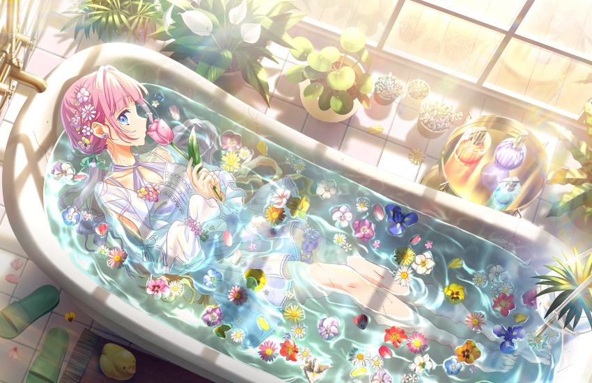 1girl anyoji_hime barefoot blue_eyes blue_flower blunt_bangs breasts closed_mouth collarbone criss-cross_halter flower full_body game_cg green_ribbon green_slippers hair_flower hair_ornament hair_ribbon halterneck her-bath-rium highres holding holding_flower in_bathtub knees_up lens_flare link!_like!_love_live! long_hair looking_at_viewer love_live! low_ponytail medium_breasts non-web_source official_alternate_costume official_art one-piece_swimsuit orange_flower partially_submerged pink_flower pink_hair pink_tulip plant ponytail potted_plant profile purple_flower ribbon rubber_duck sidelocks slippers soap_bottle solo swimsuit tulip unworn_slippers virtual_youtuber water white_flower white_one-piece_swimsuit yellow_flower