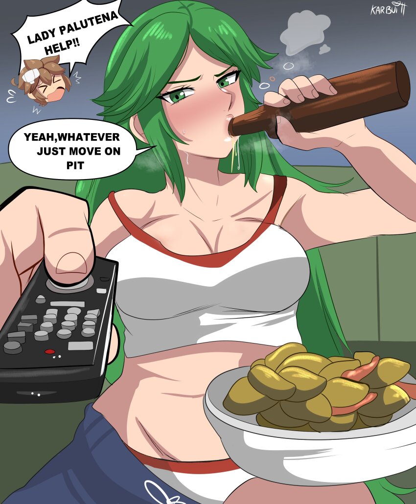 &gt;_&lt; 1boy 1girl absurdres alcohol annoyed artist_name bandaid beer_bottle blush breasts brown_hair cleavage closed_eyes clothes_pull controller couch drinking drunk english_text food green_eyes green_hair highres kid_icarus large_breasts long_hair looking_at_viewer man_watching_tv_(meme) meme midriff navel nintendo open_mouth palutena panties pink_lips pit_(kid_icarus) remote_control short_hair shorts shorts_pull tank_top tongue underwear very_long_hair
