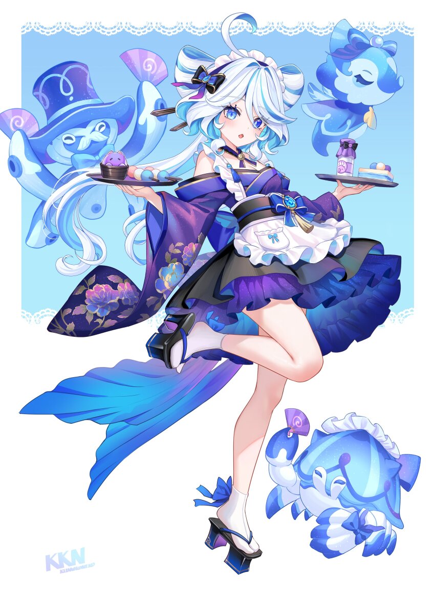 1girl absurdres alternate_costume alternate_hairstyle bare_shoulders black_sandals blue_eyes blue_hair breasts cleavage drop-shaped_pupils full_body furina_(genshin_impact) genshin_impact gentilhomme_usher hair_between_eyes heterochromia highres lalazyt long_hair long_sleeves looking_at_viewer mademoiselle_crabaletta mismatched_pupils multicolored_hair off_shoulder parted_lips sandals simple_background socks solo standing standing_on_one_leg surintendante_chevalmarin symbol-shaped_pupils tabi white_background white_hair white_socks wide_sleeves