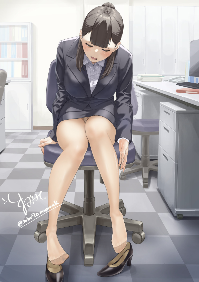 1girl absurdres black_hair blush brown_eyes chair desk feet highres long_hair maburoku office office_chair office_lady open_mouth panties panties_under_pantyhose pantyhose pantyshot shoes sitting swivel_chair underwear unworn_shoes