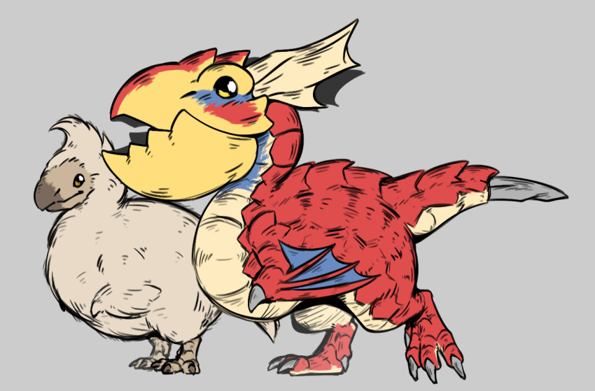 baby bird brown_fur chick digitigrade dragon feathers grey_background miqo_te monster_hunter_(series) monster_hunter_wilds no_humans open_mouth red_scales scales seikret_(monster_hunter) wings wyvern yellow_eyes yian_kut-ku