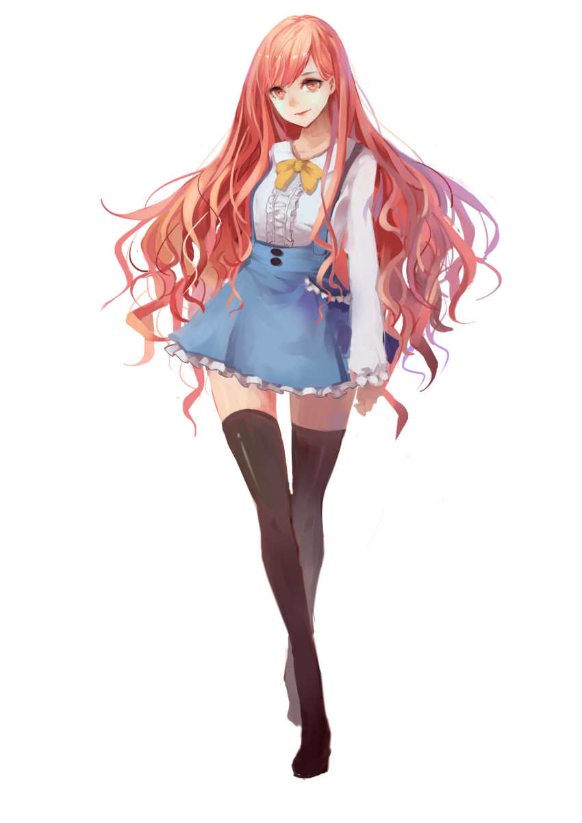 1girl bad_id bad_pixiv_id black_thighhighs blue_skirt bow female_focus frilled_shirt frills full_body highres lenka1264504528 long_hair long_sleeves looking_at_viewer miracle_nikki nikki_(series) nikki_up2u2:_world_traveller original pink_eyes pink_hair shirt simple_background skirt smile solo suspender_skirt suspenders swept_bangs thighhighs very_long_hair walking wavy_hair white_background zettai_ryouiki