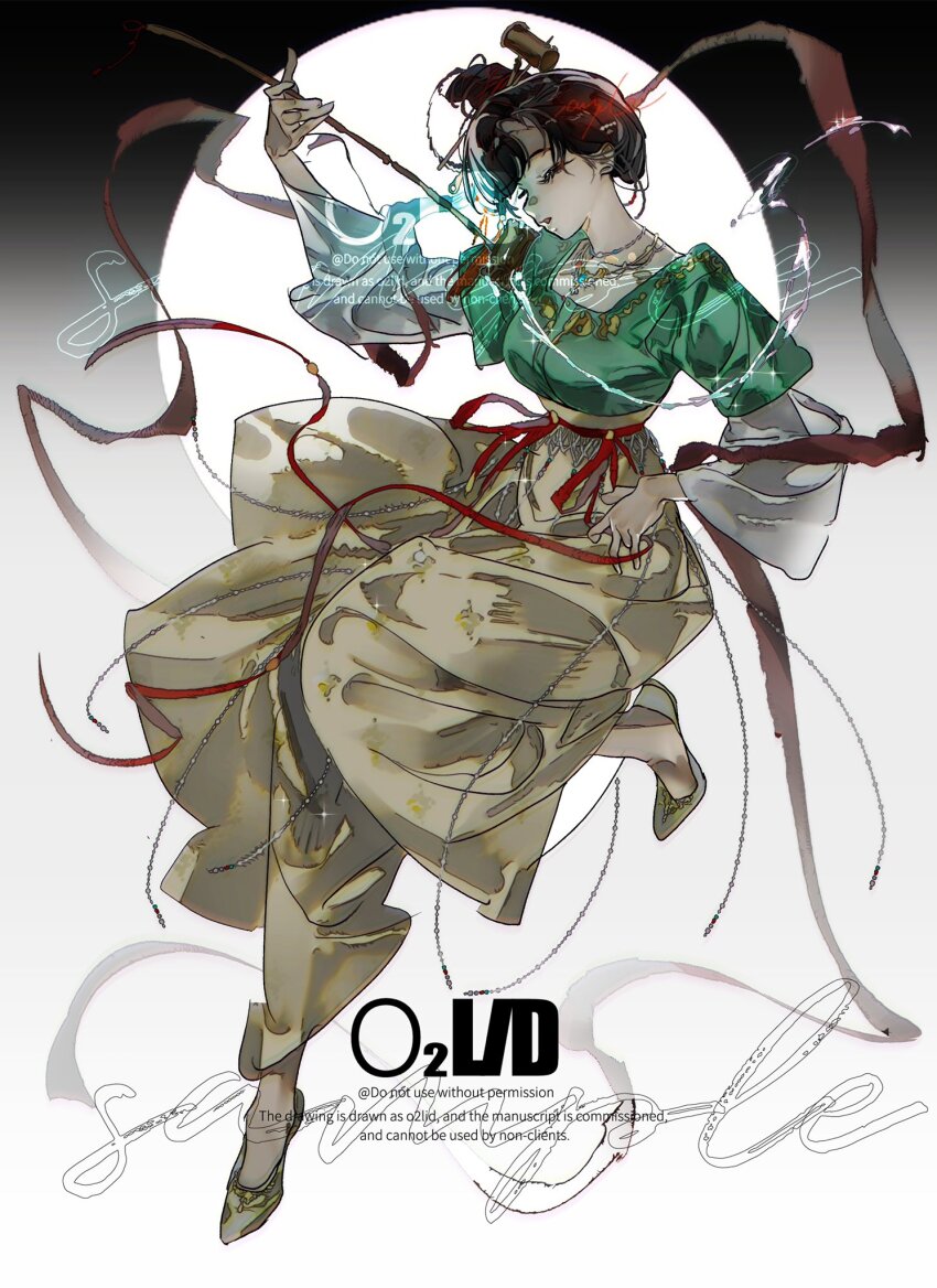 1girl black_hair brown_hair chinese_clothes chinese_hairpin full_body green_shirt hair_bun hair_ornament hanfu highres jewelry jiu jiu_niangzi layered_sleeves long_sleeves paintbrush_hair_ornament reverse:1999 shirt tanling_ruqun tassel tassel_hair_ornament white_background yanghua_gaizi