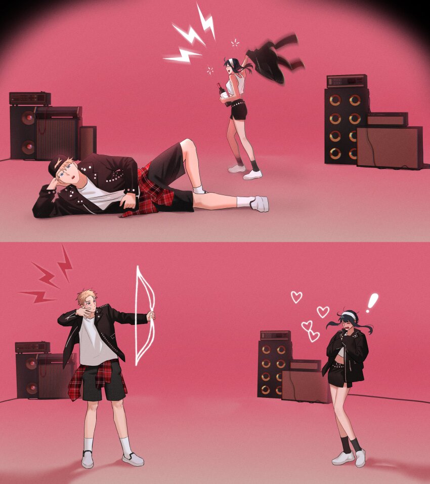 1boy 1girl absurdres apt._(rose_&amp;_bruno_mars) bass_drum black_jacket breasts bruno_mars bruno_mars_(cosplay) cosplay cymbals drum drum_set drumsticks earrings gold_buckle gold_earrings hairband highres holding holding_drumsticks holding_microphone husband_and_wife instrument jacket jewelry large_breasts leather leather_jacket leather_skirt long_hair long_sleeves looking_at_viewer microphone music open_clothes open_jacket open_mouth pink_background playing_drum red_eyes rose_(blackpink) rose_(blackpink)_(cosplay) shirt short_hair sidelocks singing siro666b skirt smile snare_drum spy_x_family sunglasses twilight_(spy_x_family) white_hairband yor_briar