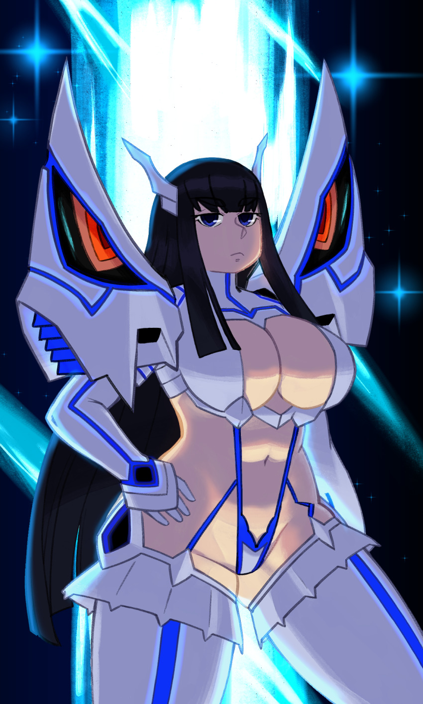1girl armorv1 black_hair blue_eyes breasts cleavage expressionless female_focus highres kill_la_kill kiryuuin_satsuki large_breasts long_hair looking_at_viewer navel pale_skin solo thick_thighs thighs
