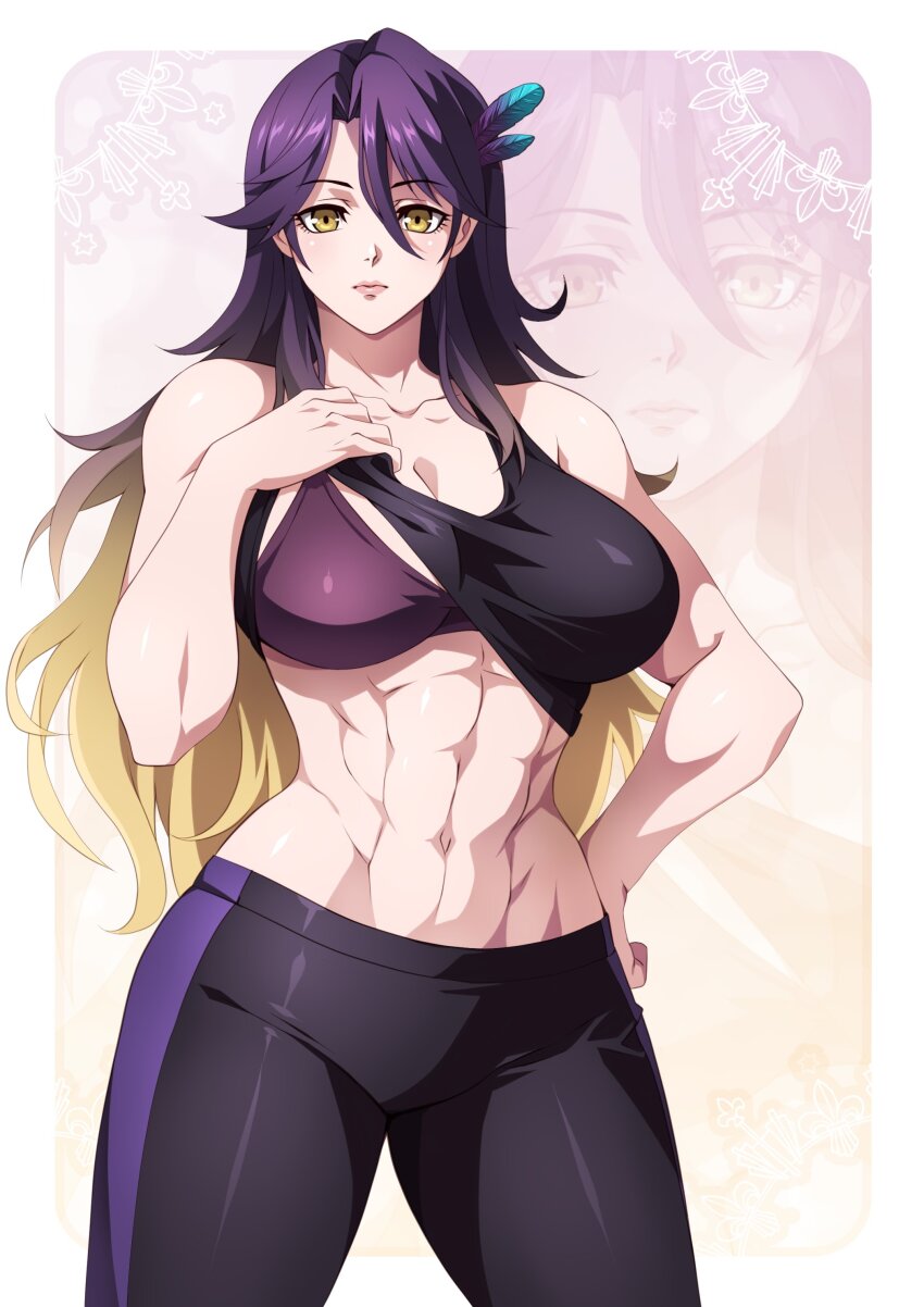 1girl abs absurdres balasdan blonde_hair bra breasts collarbone commentary english_commentary feather_hair_ornament feathers gradient_hair hair_between_eyes hair_ornament highres large_breasts lips looking_at_viewer lua_asuka multicolored_hair navel outside_border pants production_kawaii purple_bra purple_hair purple_pants second-party_source sports_bra underwear virtual_youtuber yellow_eyes zoom_layer