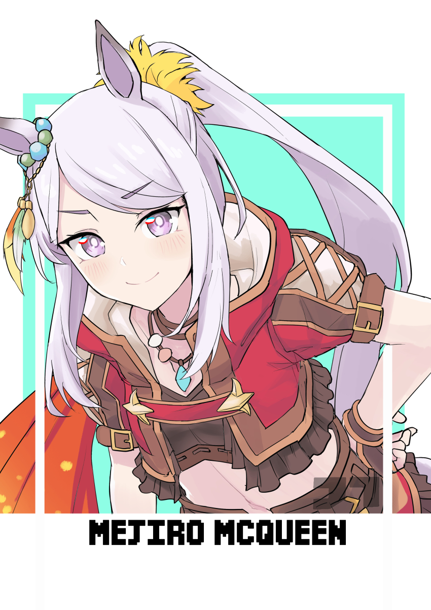 1girl absurdres animal_ears artist_logo bandeau blush bright_pupils brown_gloves character_name closed_mouth cosplay cropped_jacket ear_ornament fingerless_gloves gloves hair_ornament hair_scrunchie hand_on_own_hip highres hood hooded_jacket horse_ears jacket jewelry jtleeklm logo long_hair looking_at_viewer mejiro_mcqueen_(umamusume) midriff navel necklace ponytail purple_eyes purple_hair scrunchie short_sleeves smile solo tokai_teio_(beyond_the_horizon)_(umamusume) tokai_teio_(umamusume) tokai_teio_(umamusume)_(cosplay) umamusume upper_body watermark white_pupils