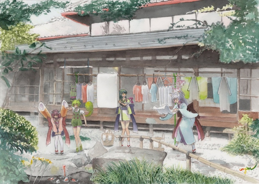 4girls :d animal_ears architecture basket beads bent_over blue_sash brown_hair brown_sash clothesline east_asian_architecture fish fox_ears fox_girl green_hair green_hairband grey_hair hair_beads hair_ornament hairband hands_on_own_knees japanese_clothes kimono kiritanpo_(food) koi long_hair long_sleeves low_ponytail multiple_girls muneate open_mouth outdoors oversized_food oversized_object painting_(medium) pink_kimono pond ponytail puffy_short_sleeves puffy_sleeves sandals sash short_hair short_kimono short_sleeves short_yukata siblings sisters smile touhoku_itako touhoku_kiritan touhoku_zunko traditional_media uryan! voiceroid voicevox water watercolor_(medium) wide_sleeves yukata zouri zundamon