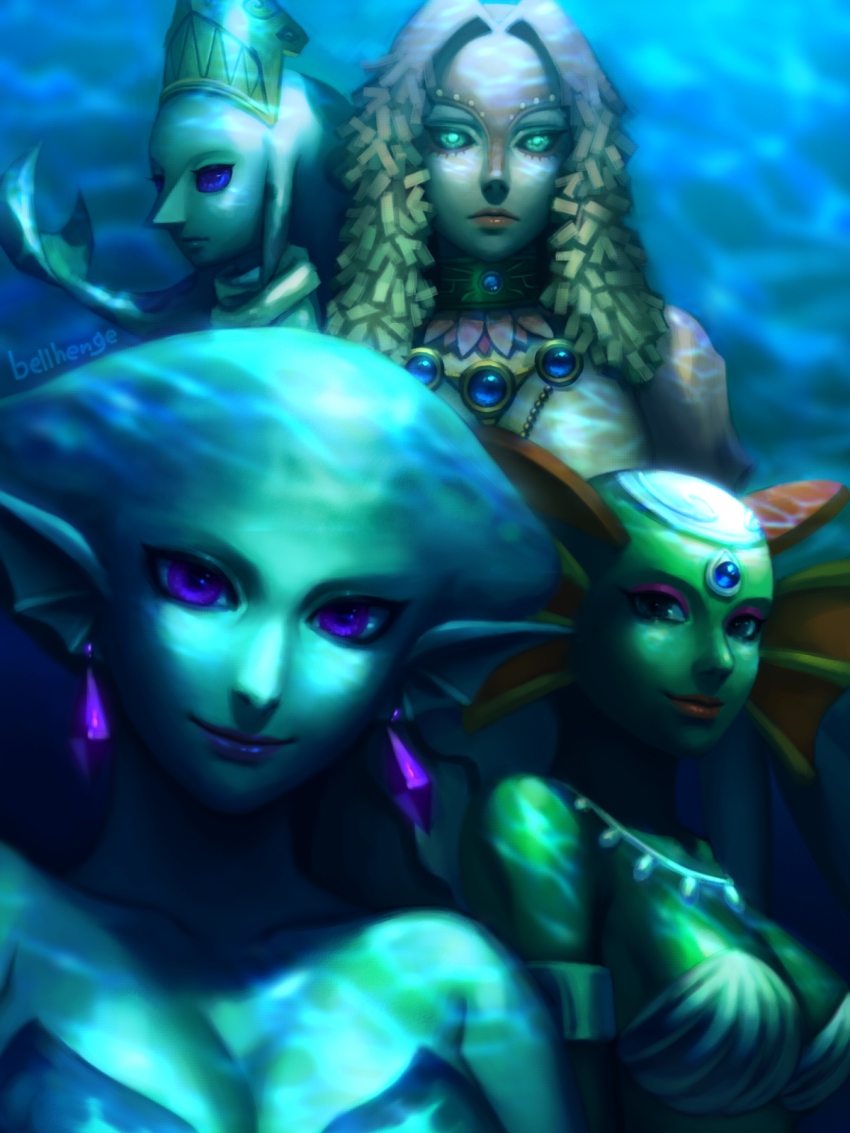 4girls aged_up bald bellhenge blue_eyes blue_skin breasts cleavage colored_skin crossover earrings fins fish_girl forehead_jewel green_eyes head_fins headdress highres jewelry large_breasts laruto lips long_hair md5_mismatch monster_girl multiple_girls nintendo nose pointy_ears princess_ruto purple_eyes queen_oren resized resolution_mismatch rutela source_smaller the_legend_of_zelda the_legend_of_zelda:_a_link_between_worlds the_legend_of_zelda:_ocarina_of_time the_legend_of_zelda:_the_wind_waker the_legend_of_zelda:_twilight_princess time_paradox underwater upscaled
