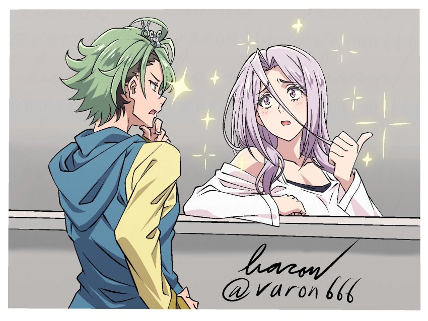 1boy 1girl baron_(varon666) collarbone fuuto_tantei green_hair highres kamen_rider kamen_rider_w long_hair purple_eyes purple_hair tokime_(fuuto_tantei) varon