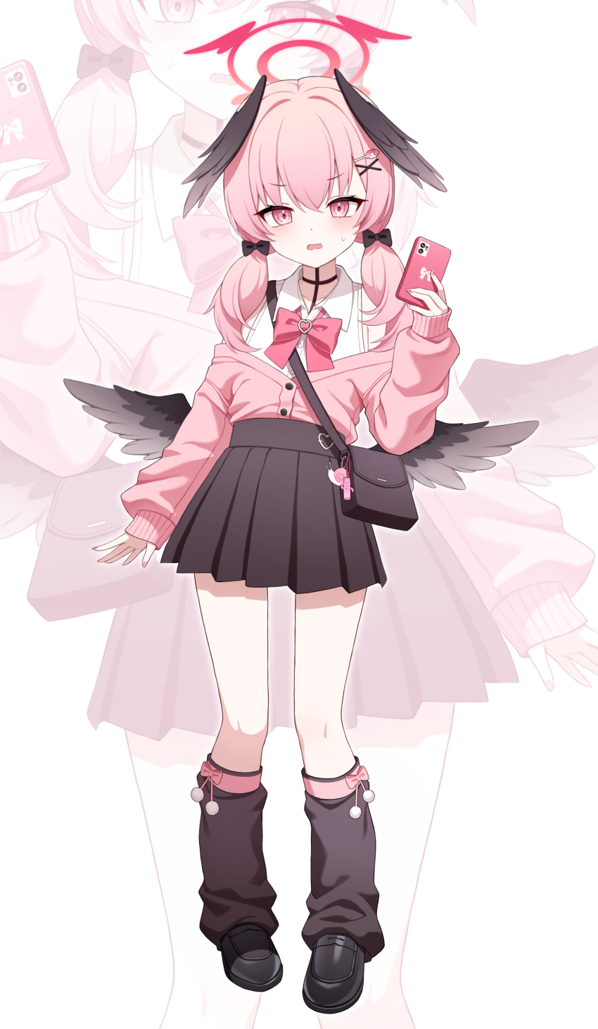 1girl absurdres bag black_bag black_bow black_shoes black_skirt black_socks black_wings blue_archive blush bow bow_legwear bowtie buttons cardigan cellphone chelly_(glisten_chelly) commentary feathered_wings full_body hair_bow hair_ornament hairclip halo haniwa_(statue) head_wings highres holding holding_phone kneehighs koharu_(blue_archive) long_hair long_sleeves looking_at_viewer loose_socks low_wings open_mouth phone pink_bow pink_cardigan pink_eyes pink_hair pink_halo pink_nails pleated_skirt pom_pom_(clothes) shirt shoes shoulder_bag skirt smartphone snail socks solo spread_wings standing sweatdrop thighs twintails white_background white_shirt winged_halo wings x_hair_ornament zoom_layer