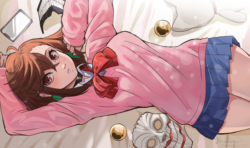 1girl acrobatic_silky_(dandadan) arms_up artist_name ayase_momo ball bed_sheet blue_skirt blush bob_cut bow bowtie breasts brown_eyes brown_hair cat cellphone collared_shirt commentary crossed_bangs dandadan dress_shirt earrings eyelashes from_above gold hair_between_eyes highres jewelry light_blush long_sleeves looking_at_viewer looking_up lying mask medium_breasts medium_hair messy_hair nicomamu on_back on_bed orb parted_lips pendant_earring phone pink_sweater playing_with_own_hair pleated_skirt red_bow red_bowtie red_eyes school_uniform shirt sidelocks signature skirt sleeves_past_wrists smartphone solo spanish_commentary sweater teeth_print_mask thick_eyebrows turbo_granny_(dandandan) unworn_mask white_cat white_shirt