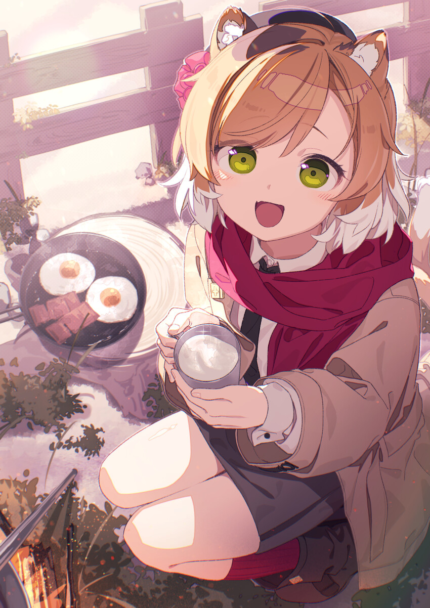 1girl :d absurdres animal_ear_fluff animal_ears arknights beret black_boots black_hat black_necktie boots brown_hair brown_jacket cat_ears cat_girl cat_tail collared_shirt commentary_request cup fence fried_egg frying_pan full_body goshichi_shoji green_eyes grey_skirt hat highres holding holding_cup jacket long_sleeves looking_at_viewer mousse_(arknights) mug multicolored_hair necktie open_clothes open_jacket open_mouth puffy_long_sleeves puffy_sleeves red_scarf red_socks ribbed_socks scarf shirt skirt smile socks solo squatting tail two-tone_hair white_hair white_shirt