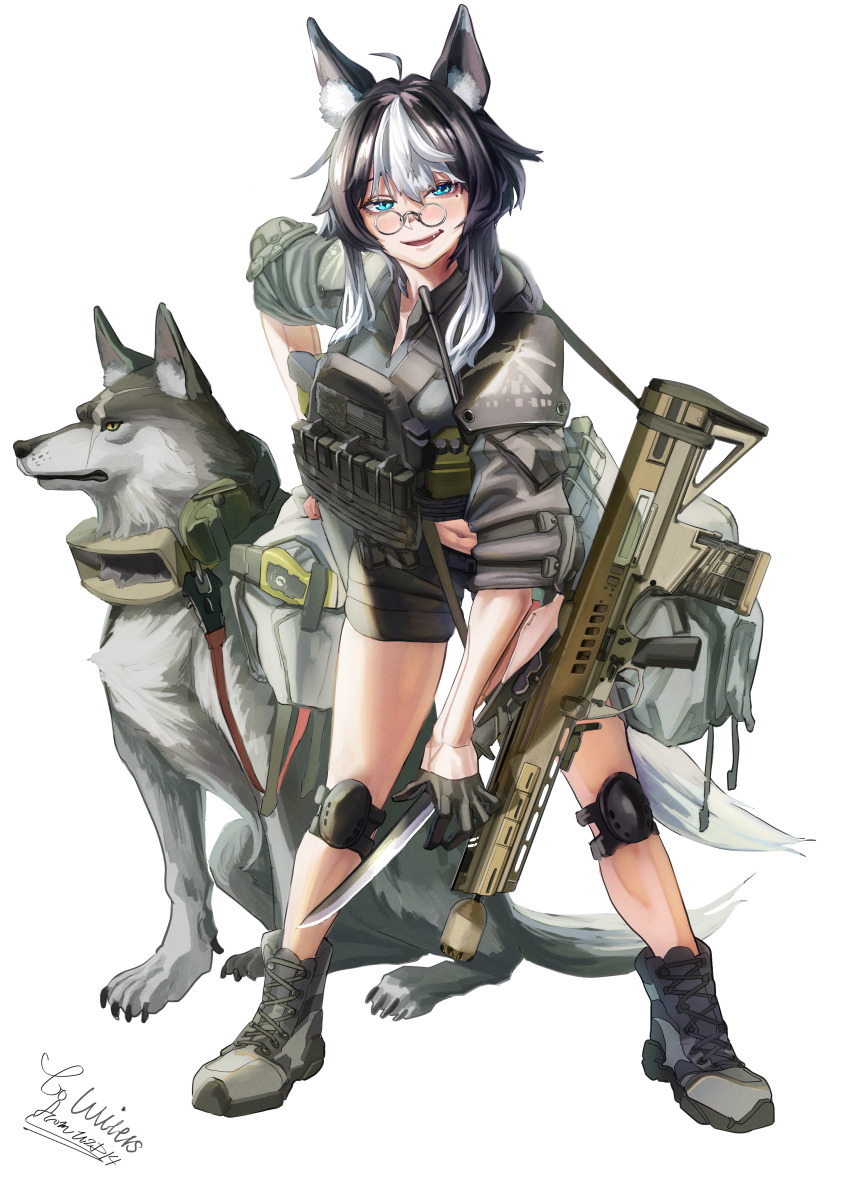 1girl absurdres ahoge american_flag ammunition_pouch animal animal_ear_fluff animal_ears assault_rifle black_hair blue_eyes body_armor bulletproof_vest camouflage combat_helmet commission cyberpunk dog fast_helmet full_body general_dynamics_ngsw glasses gun hand_on_own_hip helmet highres holding holding_animal holding_dog holding_knife holding_leash knife ko_winters leaning_forward leash load_bearing_vest looking_at_viewer messy_hair military_combat_uniform military_operator military_uniform mole mole_under_eye multicolored_hair non-web_source original pet pouch rifle round_eyewear signature smug solo standing streaked_hair tactical_clothes tail third-party_source utsuda walkie-talkie weapon white_background white_hair wolf_ears wolf_girl wolf_tail