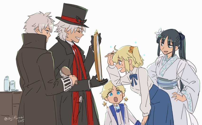 2girls 3boys :d ^_^ amakusa_shirou_(fate) amakusa_shirou_(phantom_thief)_(fate) arm_up artoria_pendragon_(fate) asaya_minoru black_gloves black_hair black_headwear black_jacket blonde_hair blue_eyes blue_ribbon blue_skirt character_request closed_eyes closed_mouth collared_shirt dark-skinned_male dark_skin fate/stay_night fate_(series) flower fujimaru_ritsuka_(female) fujimaru_ritsuka_(female)_(anniversary_blonde) gloves grey_hair hair_brush hair_flower hair_ornament hair_ribbon hair_scrunchie hands_on_own_hips hat high_collar holding holding_brush jacket japanese_clothes kimono long_hair long_sleeves mirror multiple_boys multiple_girls obi open_clothes open_jacket open_mouth orange_scrunchie parted_lips ponytail puffy_long_sleeves puffy_sleeves ribbon saber_(fate) sash scrunchie shirt side_ponytail simple_background skirt smile twitter_username very_long_hair voyager_(second_ascension)_(fate) white_background white_flower white_jacket white_kimono white_shirt wide_sleeves