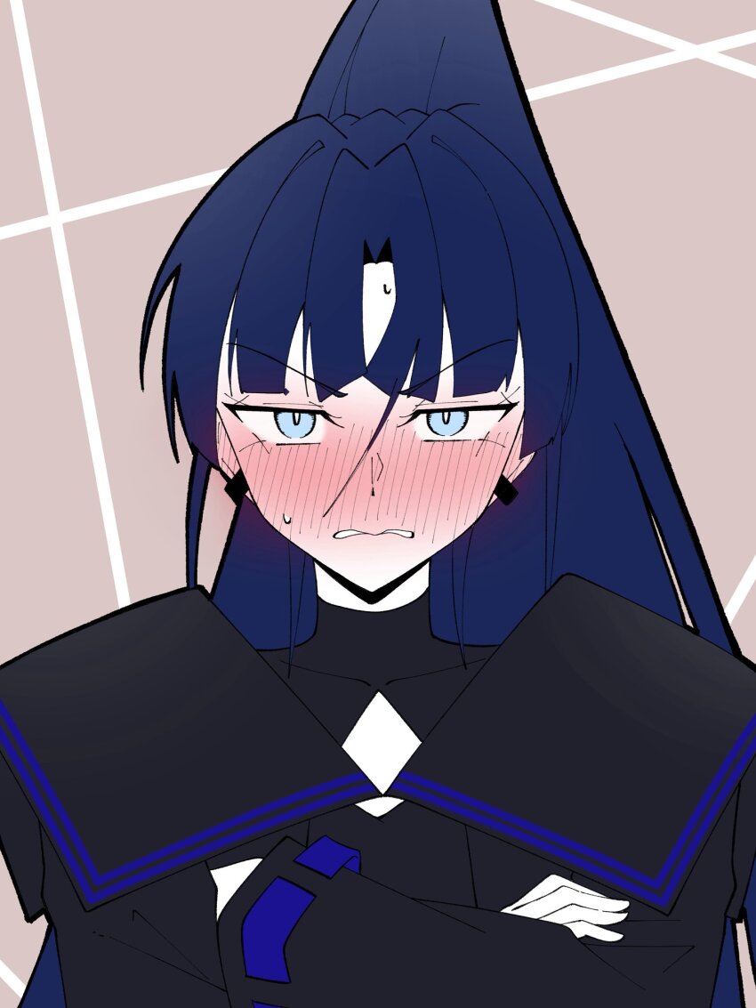 1girl ado_(utaite) black_shirt blue_eyes blue_hair blush commentary_request crossed_arms ear_blush ear_piercing hair_between_eyes highres long_hair long_hair_between_eyes long_sleeves looking_at_viewer naima_(ado) nervous_sweating nori_(norinori_yrl) piercing ponytail shirt solo sweat upper_body usseewa
