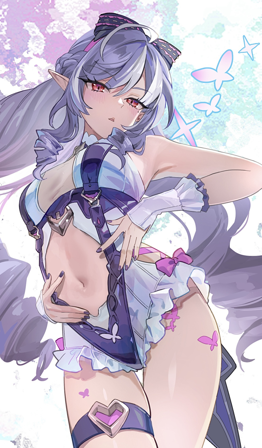 1girl animal_print armpits black_bow blush bow breasts butterfly_print clothing_cutout commentary_request cowboy_shot drill_hair frilled_one-piece_swimsuit frilled_wrist_cuffs frills from_below hair_between_eyes hair_bow highres long_hair looking_at_viewer meltykiss0316 mole mole_under_eye navel official_alternate_costume one-piece_swimsuit open_mouth pink_bow pointy_ears purple_hair purple_nails red_eyes see-through_clothes sideboob_cutout solo stomach stomach_cutout swimsuit thigh_strap three-toned_background two-tone_one-piece_swimsuit vivian_banshee vivian_banshee_(iris_of_the_shore) wrist_cuffs zenless_zone_zero