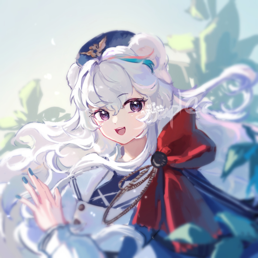 1girl :d absurdres animal_ears arknights bear_ears beret blue_hair blue_hat blue_nails commentary_request duplicate grey_background hair_between_eyes hat highres long_hair long_sleeves looking_at_viewer multicolored_hair nail_polish no_heterochromia open_mouth pink_hair purple_eyes rosa_(arknights) shirt smile solo streaked_hair upper_body white_hair white_shirt xianyutu_buxiangzuoxianyu