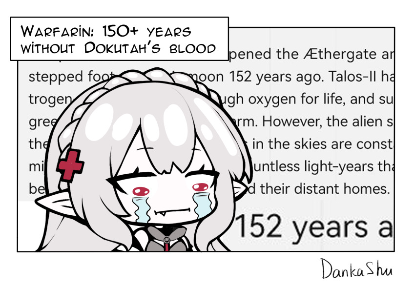1girl :i arknights arknights:_endfield artist_name braid commentary cross_hair_ornament crown_braid crying crying_with_eyes_open dankashu english_commentary english_text fang fang_out grey_hair hair_ornament highres long_hair looking_down pointy_ears red_eyes solo streaming_tears tears upper_body warfarin_(arknights)