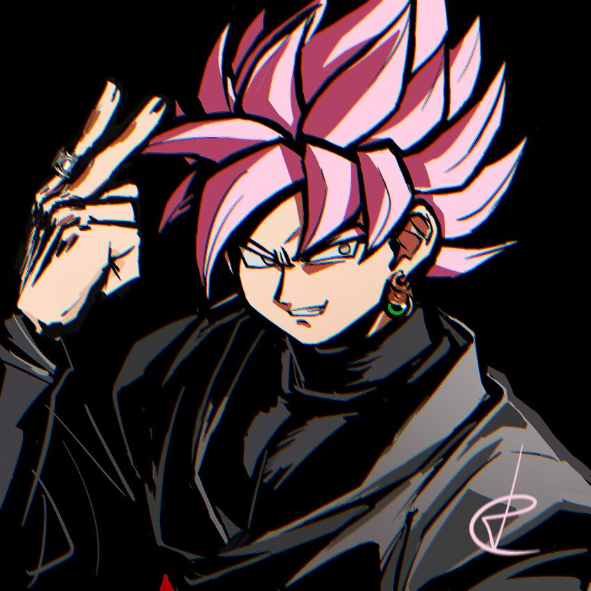 1boy black_bodysuit bodysuit dougi dragon_ball dragon_ball_super earrings goku_black grey_eyes grin jewelry ldrcrest long_sleeves looking_to_the_side pink_hair potara_earrings ring saiyan smile solo spiked_hair super_saiyan super_saiyan_rose
