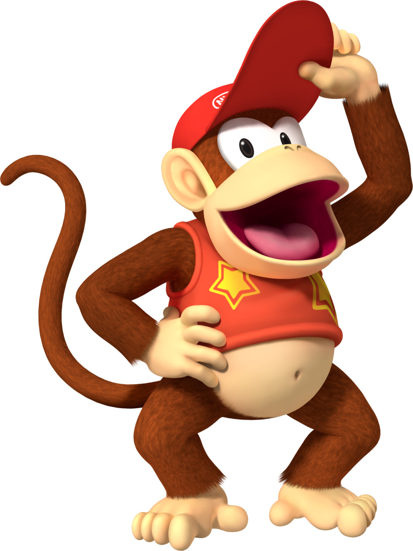 1boy 3d adjusting_clothes adjusting_headwear animal_ears animal_feet arm_up baseball_cap black_eyes body_fur bottomless brown_fur diddy_kong feet full_body furry furry_male hand_on_own_hip happy hat highres looking_at_viewer male_focus mario_(series) mario_party mario_party_ds monkey_boy monkey_ears monkey_tail navel nintendo official_art open_mouth print_shirt red_hat red_shirt shirt simple_background sleeveless sleeveless_shirt smile solo standing star_(symbol) star_print stomach tail tail_raised third-party_source tongue transparent_background