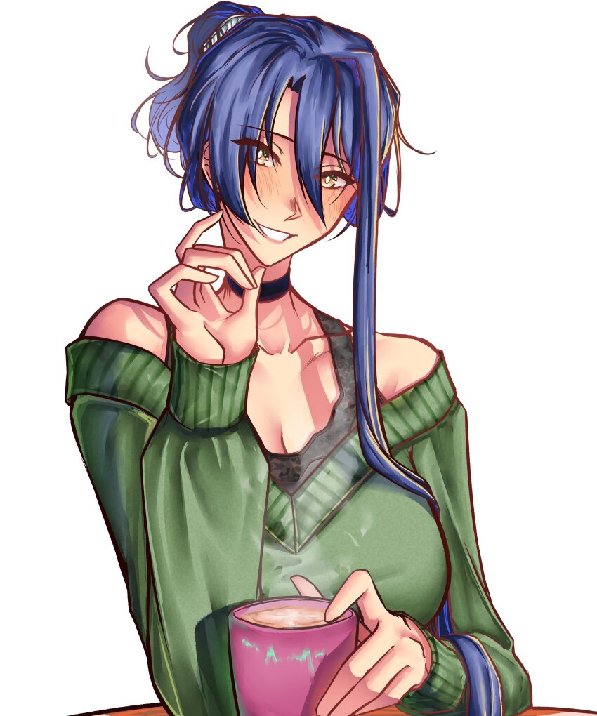 1girl absurdres bare_shoulders black_choker breasts choker collarbone commentary commission cup double-parted_bangs eiyuu_densetsu english_commentary grin hair_between_eyes highres holding holding_cup large_breasts laura_s._arseid long_single_sidelock long_sleeves looking_at_viewer moren_eh off_shoulder parted_lips ponytail sen_no_kiseki_(series) short_hair simple_background single_sidelock smile solo steam steaming_cup sweater white_background yellow_eyes