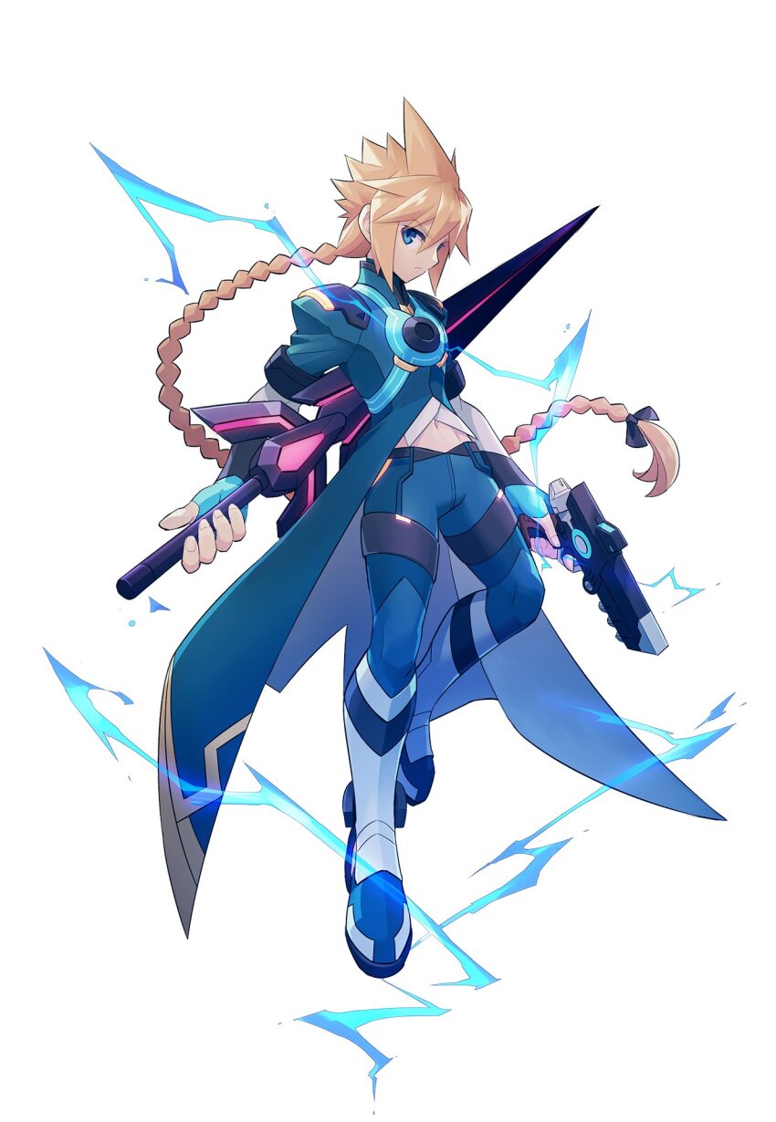 1girl azure_striker_gunvolt azure_striker_gunvolt_3 blonde_hair blue_coat blue_eyes blue_gloves blue_pants braid braided_ponytail coat electricity finger_on_trigger fingerless_gloves full_body gloves gun gunvolt highres holding holding_behind_back holding_gun holding_sword holding_sword_behind_back holding_weapon holding_weapon_behind_back long_hair male_focus navel official_art pants simple_background solo sword weapon white_background